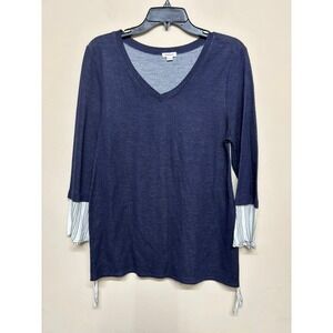 Westport Navy Blue V Neck Layered Look 3/4 Sleeve Knit Top Size Medium Minimal